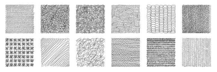 Set of hand drawn pencil crosshatch shapes. Doodle and sketch style. Black squiggle grunge texture. Vector illustration.	