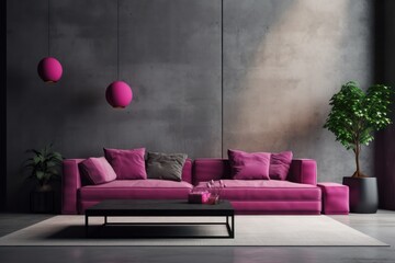 Magenta Modern loft living room interior design and concrete wall background