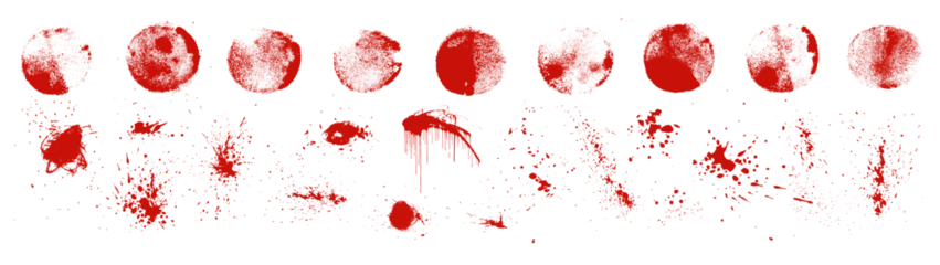 Fotobehang Set of vector blood splatter textures. Red bloodstain horror background splashes. Grungy hand drawn sponge stamp circles, liquid spray paint, isolated realistic spilled ink. Grunge crime elements © babayuka