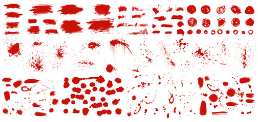 Set of vector grungy hand drawn red blood textures. Lines, circles, liquid paint, smears. Hand drawn bloody elements. Vector grunge isolated spots, punk style splashes, splatter, pray drip texture - obrazy, fototapety, plakaty