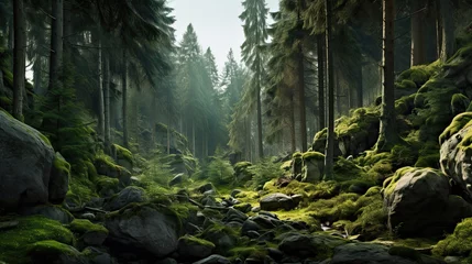 Crédence de cuisine en verre imprimé Noir wilderness landscape forest with pine trees and moss