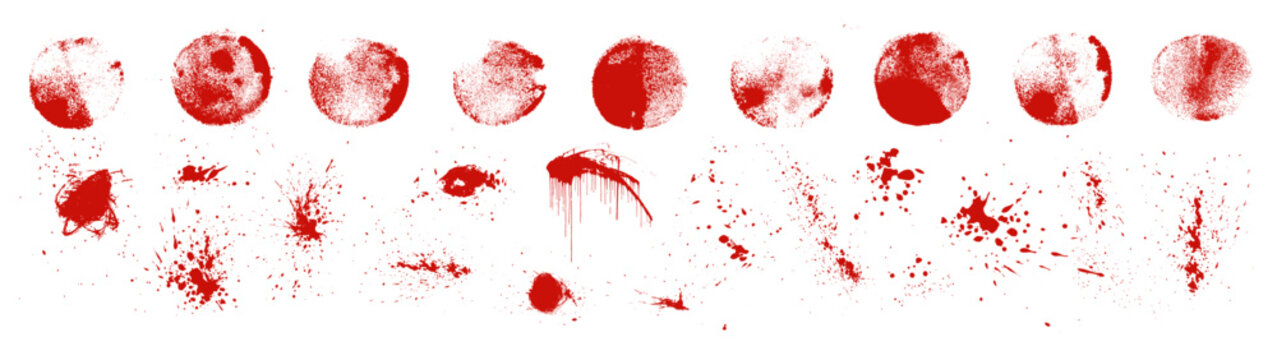 Set of vector blood splatter textures. Red bloodstain horror background splashes. Grungy hand drawn sponge stamp circles, liquid spray paint, isolated realistic spilled ink. Grunge crime elements