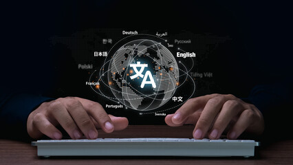 Man hand using keyboard to translation of foreign languages on website.Symbol of translation.Ai...