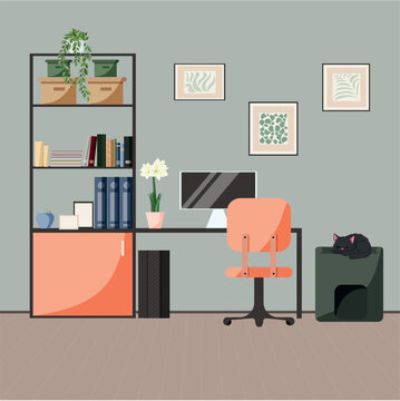 Vector illustration of home office interior. Working at home. Concept for any telework illustration, free lance workers, workers at home. Illustration of modern interior with desktop.