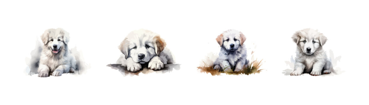 Watercolor puppy great pyrenees clipart for graphic set. Vector illustration design.