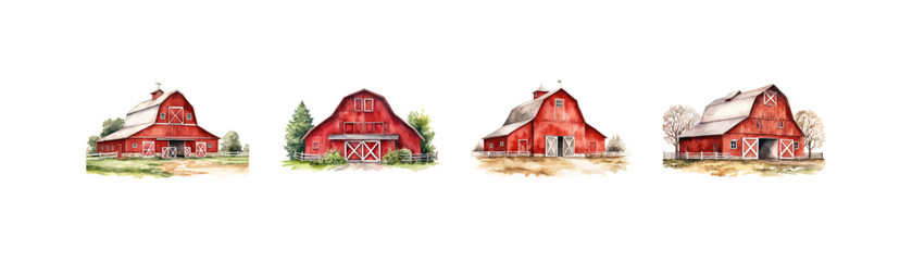 Watercolor Red Farm Barn set. Vector illustration design. - obrazy, fototapety, plakaty