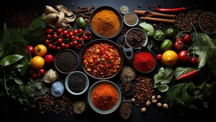 an assortment of spices and ingredients on a black countertop, in the style of innovative page design, rustic scenes, aerial view, light aquamarine and red, martin rak, expansive, tondo - obrazy, fototapety, plakaty