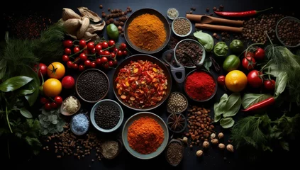 Poster an assortment of spices and ingredients on a black countertop, in the style of innovative page design, rustic scenes, aerial view, light aquamarine and red, martin rak, expansive, tondo © Mahenz