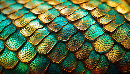 Extreme close-up of the scales of a gold, green and turquoise reptile, dragon, dinosaur, fish or...