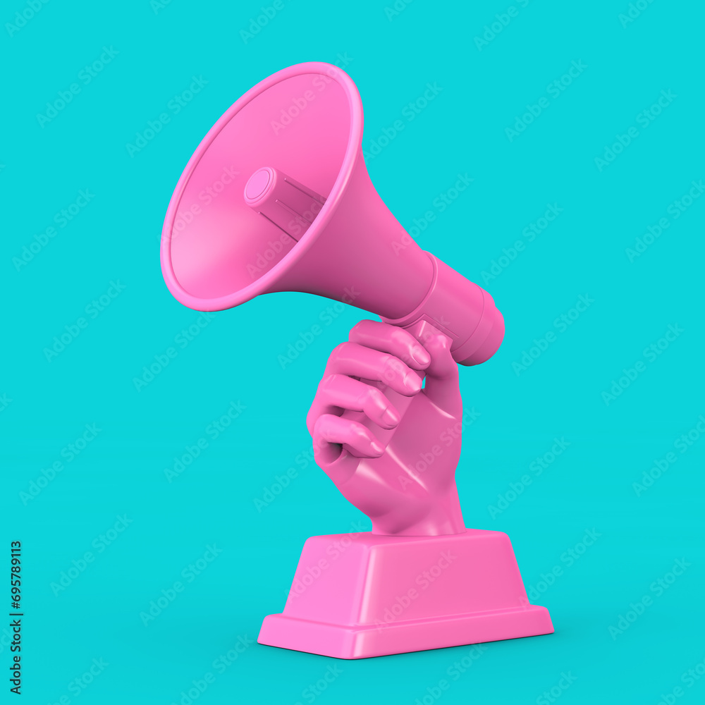 Aufkleber pink business award trophy in shape of hand with megaphone in duotone style. 3d rendering