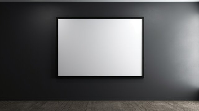 horizontal view of an empty frame hanging on the wall with a dark background AI generated