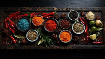 Obraz na płótnie Canvas a wooden board and spices on a black wooden counter, in the style of colorful collage, terracotta, arnoldo pomodoro, aerial view, dark cyan and red, martin rak, texture-rich