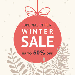 Christmas Winter Sale square template. Holiday minimal vector illustration for banner design, web ads, social media post, greeting card, flyer 