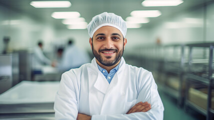 Portrait of a male proud food factory manager smiling at the camera.
