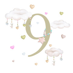 Baby milestone cards in pastel colors. 9 months. Newborn boy or girl. Watercolor baby month anniversary card. Capture all the special moments of little one’s in their first year. Nine months baby.