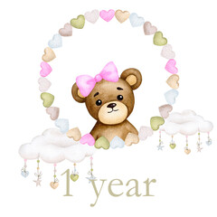 Baby milestone cards in pastel colors. 12 months. Newborn girl. Watercolor baby month anniversary card. Capture all the special moments of little oneâ€™s in their first year. One year old child.