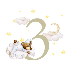 Baby milestone cards in pastel colors. 3 months. Newborn boy or girl. Watercolor baby month anniversary card. Capture all the special moments of little one’s in their first year. Three month old baby.