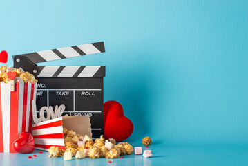 Romantic evening at movies on Valentine's Day: side view clapper, boxes with spilled popcorn, heart decor on table. Love inscription, marshmallow, sprinkles against blue wall, creating magical vibes