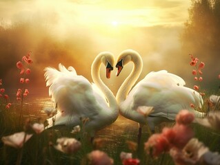 Valentines day postcard with Swans