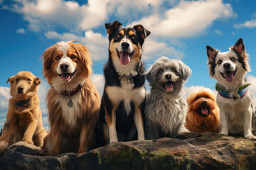 Happy group of dogs looking at camera and smiling