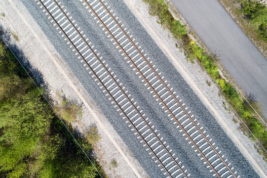 drone aerial view of a high speed railway viaduct. Galicia, Spain. - Powered by Adobe