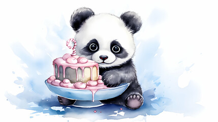 Little panda with cake. Happy birthday concept. Watercolor illustration.