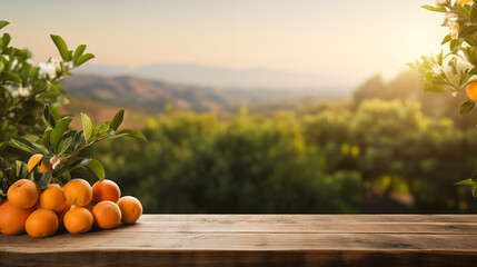 oranges fruits on wooden table with farms views background for products montage, healthy food...