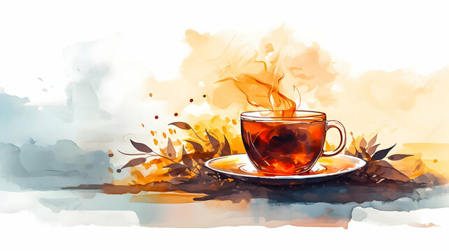Illustration of a cup of hot tea. Copy space.