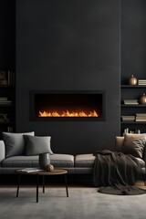 Mock up poster close up in dark home interior with fireplace, 3d render