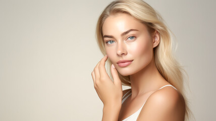 Portrait beautiful young blonde woman with clean fresh skin. Model with healthy skin, close up portrait on beige background. Cosmetology, beauty and spa. 
 - obrazy, fototapety, plakaty