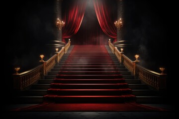 Red carpet on the stairs on a dark background. The path to glory, victory and success. - obrazy, fototapety, plakaty