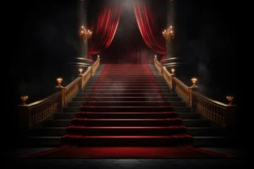 Foto op Plexiglas Red carpet on the stairs on a dark background. The path to glory, victory and success. © kardaska
