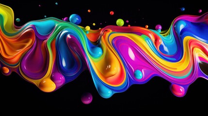 Vibrant rainbow hues of acrylic paint cascade over a black backdrop, forming a colorful liquid flow. Digital art