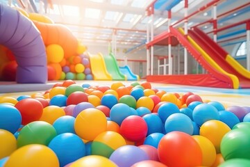 Fototapeta na wymiar Inside kids playground, nice colorful gym. Playroom, recreation theme.