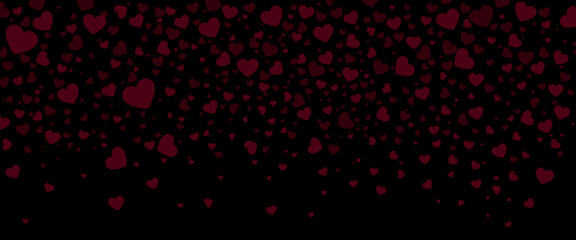 Valentines day background with red hearts falling on black, festive banner design