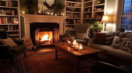 Cozy living room with a crackling fireplace