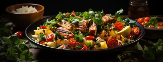 chicken and vegetable salad on gray tabletop, in the style of quadratura, cartelcore, soft