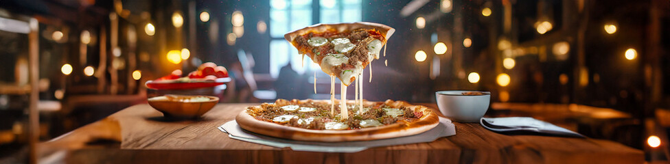 Banner image.Pizza and slices hovering in the air. the cheese will melt dripping from the slice of pizza.National Pizza day backdrop wallpaper. - obrazy, fototapety, plakaty