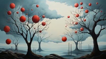A vibrant landscape painting capturing the ethereal beauty of nature through a sky filled with wispy clouds, towering trees adorned with clusters of red balls, and a serene outdoor setting