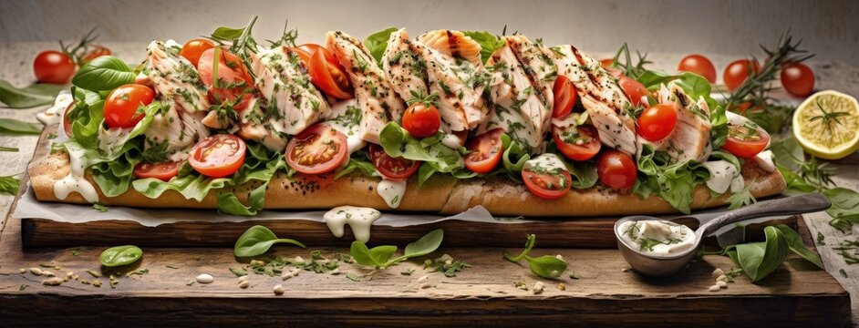 chicken salad on a grey stone food image by johanna rokoski, in the style of high detailed, flat composition, smooth and polished, uhd image, lightbox, colorful, quadratura