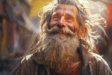 Obraz premium Portrait of senior beggar man with a dreamy look and hope for a bright future