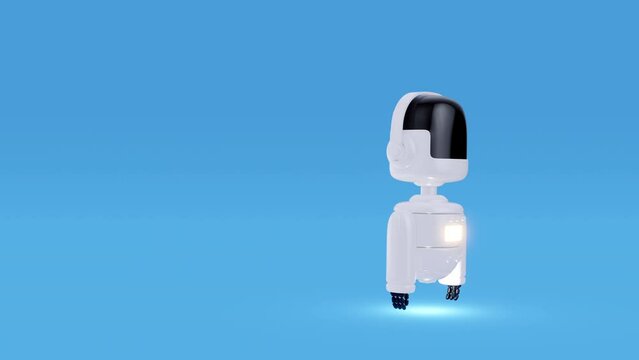 Cartoon robot walking or flying to path on color background. Cute technology character in child style. Digital chatbot, assistant or helper. 3d animation.