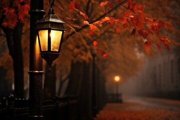 A street lantern illuminating autumn leaves on a misty evening