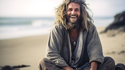 Happy homeless on the beach 