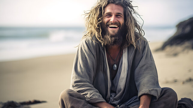 Happy homeless on the beach 