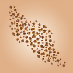 Buckwheat flying on light orange background. Grains in air