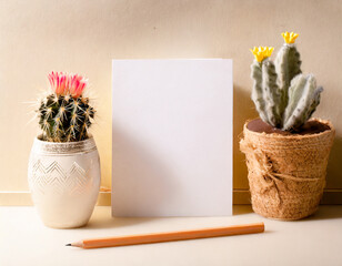 Blank White Greeting Card with cactus pencil