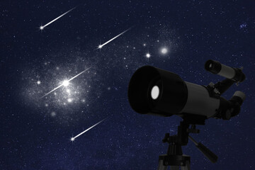Astronomy. Viewing beautiful starry sky through telescope at night