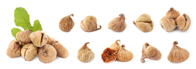 Sweet dried figs and green leaf isolated on white, set