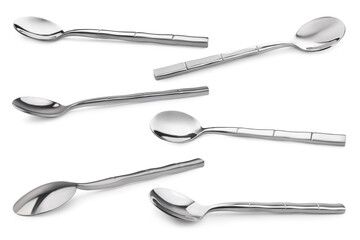 Silver spoon isolated on white, different sides. Kitchen utensil